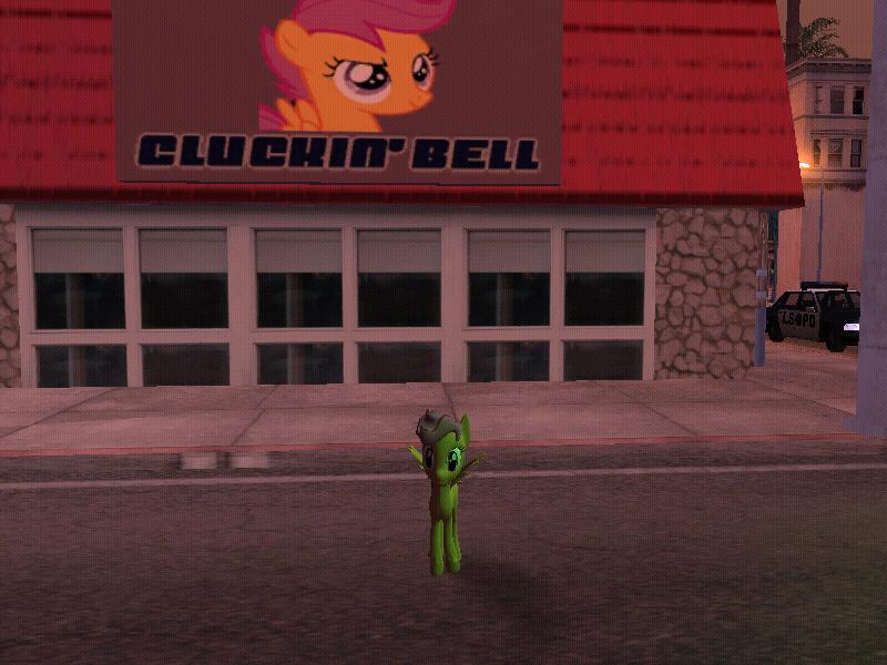 Size: 800x600 | Tagged: 3d, cluckin bell, derpibooru import, game mod, grand theft auto, gta san andreas, lamppost, police car, safe, scootachicken, scootaloo, solo