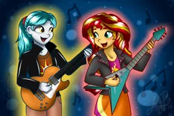 Size: 1800x1200 | Tagged: safe, artist:jack-pie, derpibooru import, sunset shimmer, oc, equestria girls, bass guitar, clothes, cute, electric guitar, equestria girls-ified, flying v, guitar, guitar pick, jacket, leather jacket, music notes, musical instrument, open mouth, playing, ponytail, signature, skirt, sunset shredder