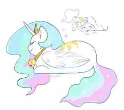 Size: 1133x1006 | Tagged: artist:stardrawsponies, bell, bell collar, cat, cat bell, catified, catlestia, collar, derpibooru import, heart, horn, princess celestia, prone, safe, simple background, solo, species swap, white background, wings