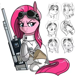 Size: 1024x1024 | Tagged: safe, artist:witchtaunter, derpibooru import, pinkie pie, pony, angry, clothes, crossover, doctor horrible, expressions, floppy ears, frown, gloves, goggles, gritted teeth, gun, happy, lab coat, pinkamena diane pie, simple background, sitting, smiling, solo, tired, transparent background, unamused, weapon