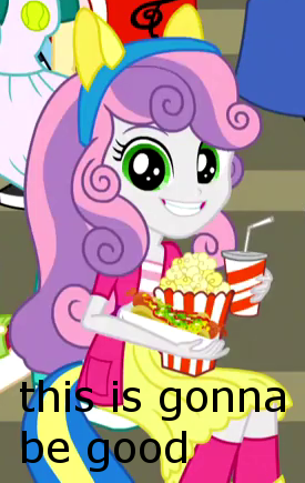 Size: 275x435 | Tagged: safe, derpibooru import, edit, edited screencap, screencap, sweetie belle, equestria girls, friendship games, cropped, dis gon b gud, food, hot dog, image macro, meat, meme, popcorn, reaction image, sausage, soda, solo