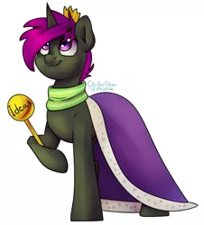 Size: 621x686 | Tagged: safe, artist:chibadeer, derpibooru import, oc, unofficial characters only, pony, unicorn, clothes, crown, female, ideas, jewelry, mare, regalia, robe, scarf, scepter, simple background, solo, white background