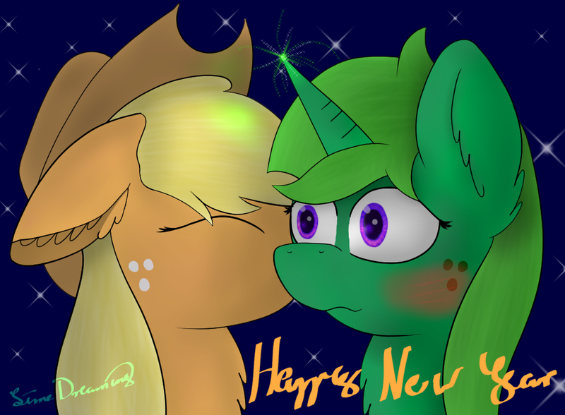 Size: 1024x752 | Tagged: safe, artist:limedreaming, derpibooru import, applejack, oc, oc:lime dream, blushing, canon x oc, female, horngasm, kissing, lesbian, new year, night, orgasm, shipping