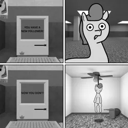 Size: 1600x1600 | Tagged: grimdark, artist:thepristineeye, derpibooru import, oc, oc:intern, unofficial characters only, earth pony, pony, 3d, anotherdamnponyaskblog, blender, ceiling fan, chair, comic, computer, grayscale, grimderp, hanging, hanging (by neck), keyboard, macintosh, macintosh (computer), macintosh plus, monochrome, noose, poster, smiling, suicide, text, tumblr