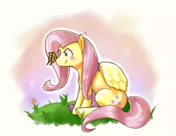 Size: 900x700 | Tagged: artist:shichiro, butterfly, derpibooru import, flower, fluttershy, pixiv, safe, sitting, smiling