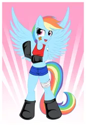 Size: 1732x2500 | Tagged: alternative cutie mark placement, anthro, arm hooves, artist:humite-ubie, bandage, bandaid, belly button, clothes, derpibooru import, gradient background, hoof glove, midriff, pegasus, rainbow dash, safe, socks, solo, sports shorts, spread wings, tanktop, tattoo, unguligrade anthro