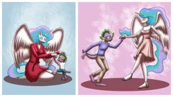 Size: 3181x1800 | Tagged: age progression, alicorn, anthro, artist:humite-ubie, baby spike, barefoot, bathrobe, clothes, dancing, derpibooru import, dragon, dress, feet, momlestia, older spike, pants, plantigrade anthro, princess celestia, safe, shirt, shorts, spike, teenage spike, younger