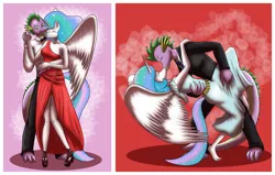 Size: 2828x1800 | Tagged: age progression, alicorn, anthro, artist:humite-ubie, barefoot, bowtie, clothes, dancing, derpibooru import, dragon, dress, feet, high heels, kissing, male, marriage, older, pants, plantigrade anthro, princess celestia, safe, shipping, shirt, spike, spikelestia, straight, suit, tango, wedding