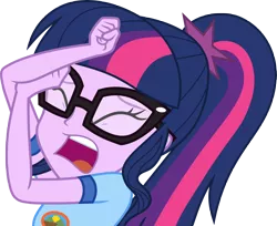 Size: 7000x5715 | Tagged: safe, artist:luckreza8, derpibooru import, sci-twi, twilight sparkle, equestria girls, legend of everfree, absurd resolution, big no, clothes, eyes closed, glasses, open mouth, screaming, simple background, solo, transparent background, vector