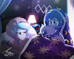 Size: 1100x883 | Tagged: safe, artist:bluse, derpibooru import, princess celestia, princess luna, equestria girls, alarm clock, blanket, clock, hat, lidded eyes, nightcap, pillow, principal celestia, scared, show accurate, vice principal luna, woona, younger