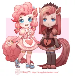 Size: 900x913 | Tagged: ambiguous facial structure, anthro, artist:kongyi, candy, chibi, clothes, derpibooru import, dress, duality, food, knife, lolita fashion, lollipop, pinkamena diane pie, pinkie pie, safe