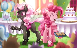 Size: 1500x936 | Tagged: safe, artist:vavacung, derpibooru import, part of a set, pinkie pie, changeling, earth pony, pony, apron, balloon, cake, changeling counterpart series, clothes, cupcake, cute, diapinkes, female, food, hoof hold, mittens, part of a series, vavacung is trying to murder us