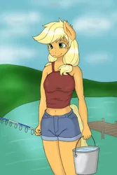 Size: 1024x1536 | Tagged: anthro, applejack, artist:nwinter3, belly button, bucket, clothes, daisy dukes, derpibooru import, fishing rod, hatless, midriff, missing accessory, safe, shorts, solo, tanktop