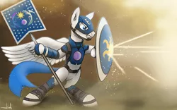 Size: 1920x1200 | Tagged: armory, artist:ahmadafadhil, avenger, battlefield, captain america, captain equestria, derpibooru import, equestrian flag, fanart, flag, gunshots, marvel, safe, shield, solo