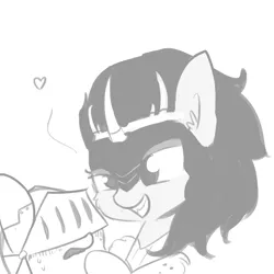 Size: 1080x1080 | Tagged: safe, artist:tjpones, derpibooru import, king sombra, blushing, cute, fantasy class, generic pony, grin, heart, imminent kissing, knight, monochrome, queen umbra, rule 63, rule63betes, smiling, umbradorable, warrior