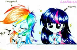 Size: 602x393 | Tagged: safe, artist:liaaqila, derpibooru import, rainbow dash, twilight sparkle, equestria girls, cute, drool, duo, egghead, looking at you, sleeping, sleepyhead, smiling, traditional art, twiabetes, zzz