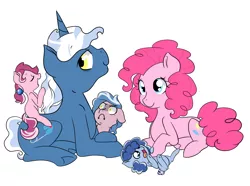 Size: 3500x2609 | Tagged: safe, artist:marukouhai, derpibooru import, pinkie pie, pokey pierce, oc, oc:dizzy head, oc:lucky treat, oc:okey, :c, bellyrubs, colt, female, filly, foal, high res, male, offspring, parent:pinkie pie, parent:pokey pierce, parents:pokeypie, pokeypie, prone, shipping, simple background, straight, tickling, tongue out, white background