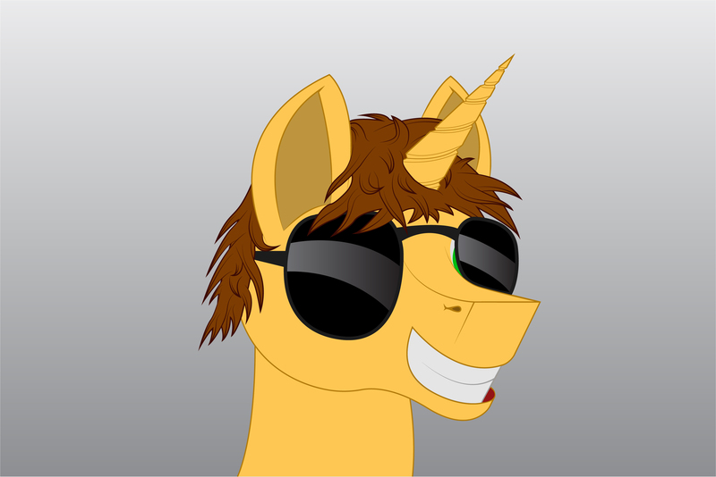 Size: 3002x2003 | Tagged: safe, artist:theeultimateguy, derpibooru import, oc, oc:yellow star, unofficial characters only, pony, unicorn, bust, gradient background, grin, portrait, smiling, solo, sunglasses