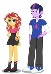 Size: 1781x2566 | Tagged: dead source, safe, artist:drewmwhit, derpibooru import, sunset shimmer, twilight sparkle, equestria girls, boots, bra strap, clothes, dusk shine, duskshimmer, equestria guys, half r63 shipping, hand on hip, high heel boots, looking at you, male, pants, prince dusk, rule 63, shipping, shirt, shoes, simple background, skirt, sneakers, straight, sunsetsparkle, transparent background