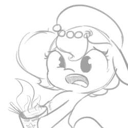 Size: 1080x1080 | Tagged: safe, artist:tjpones, derpibooru import, oc, oc:brownie bun, unofficial characters only, earth pony, pony, horse wife, black and white, burning, cooking, fail, fire, food, grayscale, hoof hold, how, instant noodles, monochrome, noodles, open mouth, simple background, solo, white background