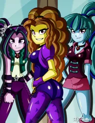 Size: 800x1031 | Tagged: suggestive, artist:xjkenny, derpibooru import, adagio dazzle, aria blaze, sonata dusk, equestria girls, rainbow rocks, adagio dat-azzle, ass, big breasts, boots, breasts, busty adagio dazzle, busty sonata dusk, cleavage, clothes, evil grin, female, females only, gem, grin, jewelry, looking at you, necklace, panties, pantyhose, pendant, pigtails, ponytail, siren gem, skirt, skirt lift, smiling, socks, the ass was fat, the dazzlings, thighs, trio, trio female, twintails, underwear, upskirt, white underwear