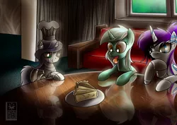Size: 1500x1062 | Tagged: safe, artist:elmutanto, derpibooru import, lyra heartstrings, sweetie belle, oc, oc:raribot, pony, robot, robot pony, unicorn, baking, cake, cheesecake, female, filly, foal, food, hooves, horn, mare, pie, raribot, sister-in-law, sisters, smiling, stable, sweetie bot, tongue out, trio, trio female, window