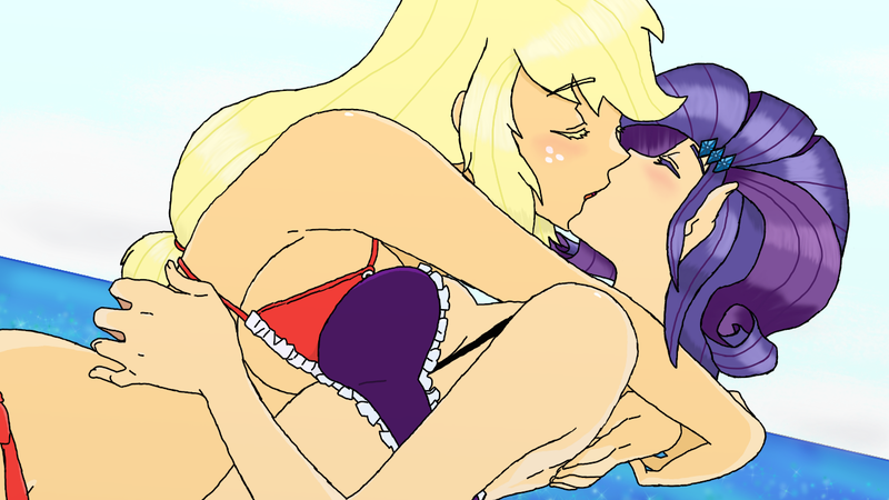 Size: 1280x720 | Tagged: suggestive, artist:eulicious, derpibooru import, applejack, rarity, human, bikini, breasts, busty applejack, busty rarity, clothes, cloud, female, hug, humanized, kissing, lesbian, ocean, rarijack, shipping, swimsuit, symmetrical docking, water