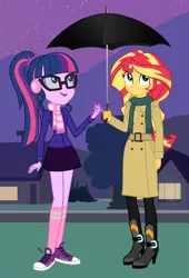 Size: 2953x4344 | Tagged: safe, artist:3d4d, derpibooru import, sci-twi, sunset shimmer, twilight sparkle, equestria girls, absurd resolution, alternate costumes, boots, clothes, converse, earmuffs, female, high heel boots, lesbian, longcoat, magic, raincoat, scarf, scitwishimmer, shipping, shoes, skirt, sneakers, socks, sunsetsparkle, umbrella, winter coat