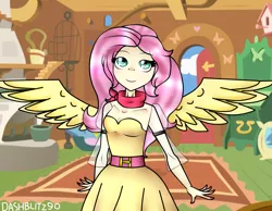 Size: 2476x1920 | Tagged: safe, artist:dashblitz90-fonnie, derpibooru import, fluttershy, human, belt, clothes, dress, humanized, nail polish, scarf, solo, spread wings, winged humanization, wings
