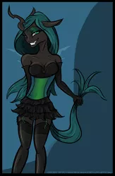 Size: 1032x1582 | Tagged: anthro, artist:winterdominus, bedroom eyes, breasts, cleavage, clothes, corset, derpibooru import, female, garters, grin, holding tail, looking at you, queen chrysalis, skirt, smiling, socks, stockings, suggestive, thigh highs