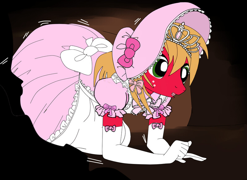 Size: 2500x1821 | Tagged: alice in wonderland, anthro, artist:avchonline, big macintosh, bonnet, bow, clothes, crawling, crossdressing, derpibooru import, dress, evening gloves, gloves, jewelry, lace, male, pinafore, rabbit hole, ribbon, safe, sissy, solo, tiara