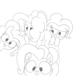 Size: 4000x4000 | Tagged: safe, artist:wafflecakes, derpibooru import, pinkie pie, pony, too many pinkie pies, 30 minute art challenge, :p, :t, clones, cute, floppy ears, frown, fun fun fun, glare, grin, leaning, looking at you, looking back, monochrome, multeity, plot, ponk, raspberry, smiling, squee, squishy cheeks, tongue out, unamused