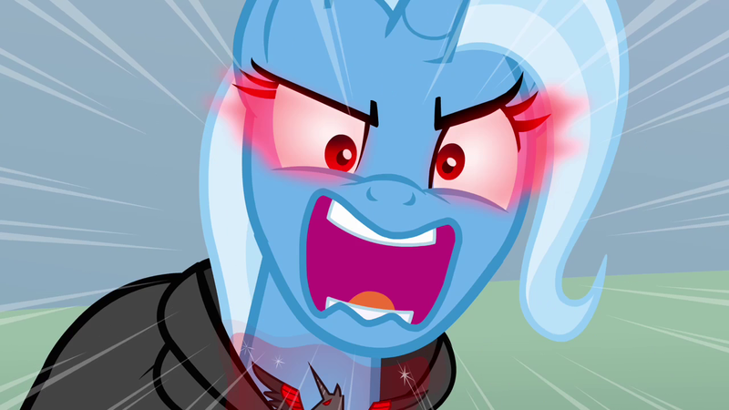 Size: 1280x720 | Tagged: safe, derpibooru import, screencap, trixie, pony, magic duel, alicorn amulet, faic, glowing eyes, red eyes, solo, yelling