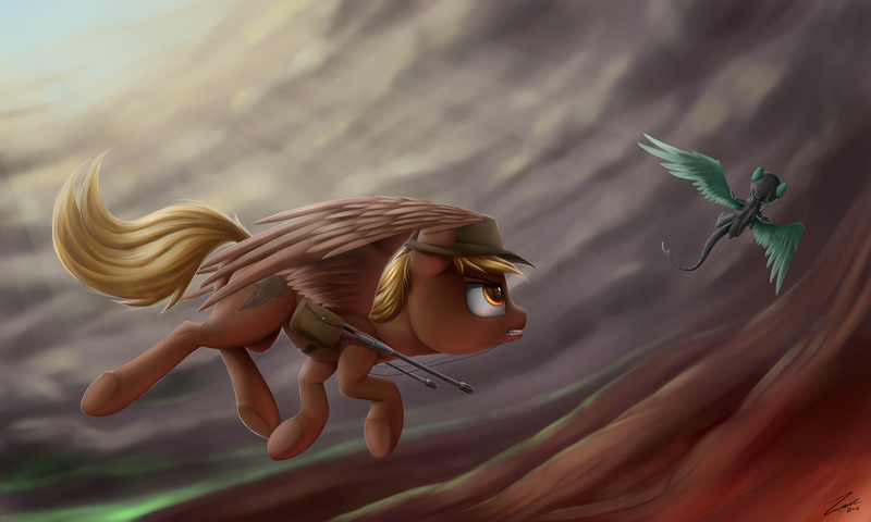 Size: 5000x3000 | Tagged: safe, artist:deltauraart, derpibooru import, oc, oc:calamity, unofficial characters only, pegasus, pony, fallout equestria, absurd resolution, cloud, cloudy, combat, dogfight, flying, gun, hat, saddle bag, sky, weapon