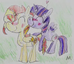 Size: 1537x1321 | Tagged: safe, artist:ptitemouette, derpibooru import, sunset shimmer, twilight sparkle, twilight sparkle (alicorn), alicorn, pony, alicornified, female, lesbian, princess, race swap, shimmercorn, shipping, sunsetsparkle, traditional art