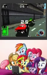 Size: 643x1024 | Tagged: safe, artist:the-butch-x, derpibooru import, applejack, fluttershy, pinkie pie, rainbow dash, rarity, sunset shimmer, twilight sparkle, pony, car, computer, crash, demolition racer, exploitable meme, game, laptop computer, mane six, meme, smashing, what's on the laptop sunset?