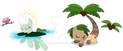 Size: 1024x432 | Tagged: safe, artist:mlp-trailgrazer, derpibooru import, oc, oc:lotus crown, oc:palm fronds, unofficial characters only, original species, plant pony, adoptable, coconut, eyes closed, eyeshadow, flower, food, lilypad, makeup, palm tree, prone, simple background, sleeping, smiling, swimming, transparent background, tree, watermark