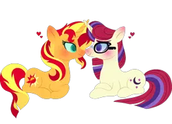 Size: 992x713 | Tagged: safe, artist:carouselunique, derpibooru import, moondancer, sunset shimmer, pony, blushing, crack shipping, crossed hooves, female, heart, lesbian, looking at each other, moonset, prone, shipping, simple background, smiling, transparent background