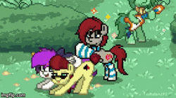Size: 360x202 | Tagged: suggestive, artist:tiorafajp2, derpibooru import, oc, oc:aces high, oc:lavanda, oc:ponepony, oc:prism streak, unofficial characters only, earth pony, pegasus, pony, pony town, animated, bongos, butt touch, clothes, face down ass up, female, gif, guitar, hoof on butt, mare, pixel art, plot, socks, spanking, striped socks, wat