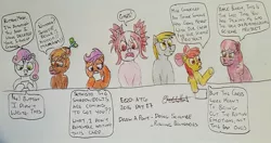 Size: 960x506 | Tagged: safe, artist:rapidsnap, derpibooru import, apple bloom, button mash, cheerilee, derpy hooves, scootaloo, sweetie belle, oc, oc:sethisto, pegasus, pony, cutie mark crusaders, female, mare, newbie artist training grounds, traditional art