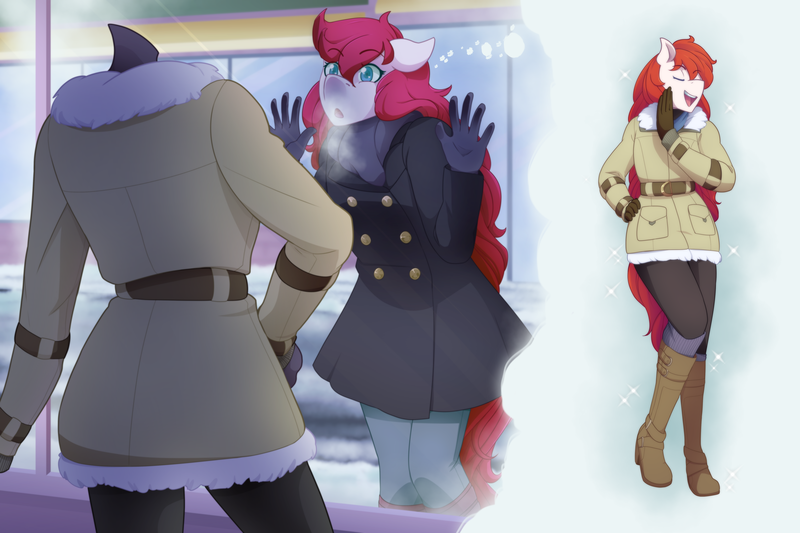 Size: 6000x4000 | Tagged: absurd resolution, anthro, anthro oc, artist:mylittlesheepy, boots, clothes, coat, cosplay, costume, derpibooru import, femboy, floppy ears, gloves, high heels, jacket, leggings, long hair, male, mannequin, noblewoman's laugh, oc, oc:air raid, plantigrade anthro, safe, solo, sparkles, thought bubble, trap, unofficial characters only