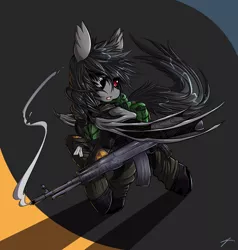 Size: 3893x4092 | Tagged: safe, artist:mirapony, derpibooru import, oc, oc:falling star, unofficial characters only, bat pony, pony, absurd resolution, an-94, crossover, dog tags, eyepatch, gun, running, s.t.a.l.k.e.r., solo, weapon