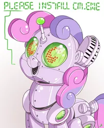 Size: 3900x4800 | Tagged: safe, artist:docwario, derpibooru import, sweetie belle, pony, robot, robot pony, unicorn, absurd resolution, antennae, female, filly, foal, horn, looking at you, open mouth, simple background, smiling, solo, sweetie bot, text