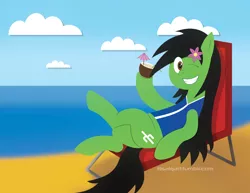 Size: 1800x1391 | Tagged: safe, artist:b-cacto, derpibooru import, oc, oc:prickly pears, unofficial characters only, earth pony, pony, beach, chair, coconut, coconut cup, drink, flower in hair, food, lineless, one eye closed, solo, wink