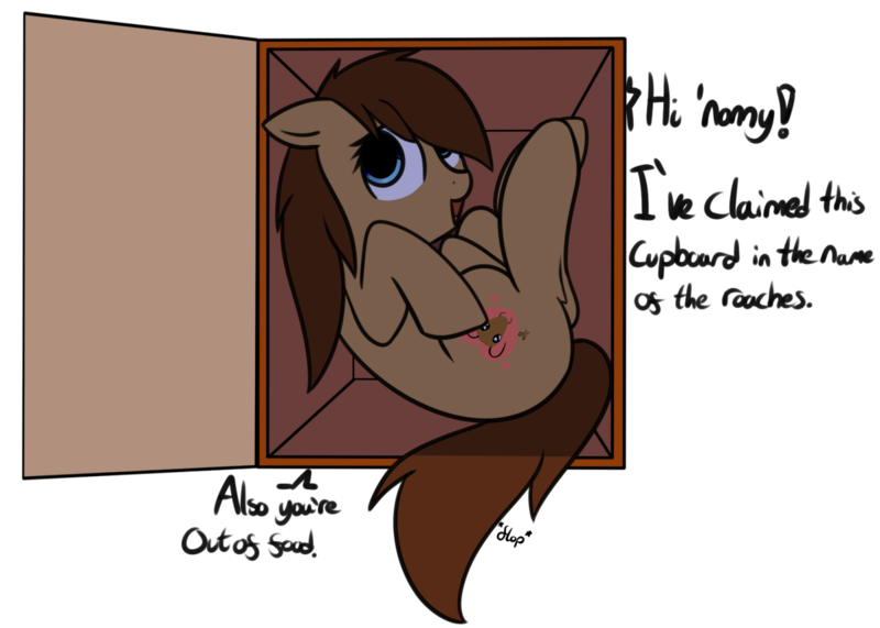 Size: 1280x914 | Tagged: safe, artist:neuro, derpibooru import, oc, oc:roachpony, unofficial characters only, earth pony, pony, cupboard, cute, dialogue, female, floppy ears, implied anon, looking at you, mare, open mouth, simple background, smiling, solo, stuck, transparent background