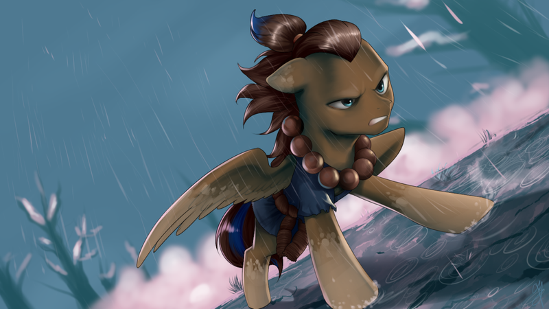 Size: 1280x720 | Tagged: safe, artist:supermare, derpibooru import, oc, oc:playthrough, unofficial characters only, pony, akuma, clothes, commission, cosplay, costume, fighting stance, male, rain, serious, serious face, solo, spread wings, stallion, street fighter, street fighter v, teeth, tree, wet, wings