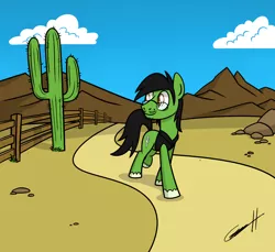 Size: 1200x1100 | Tagged: safe, artist:gearholder, derpibooru import, oc, oc:cactus needles, unofficial characters only, earth pony, pony, beard, cactus, desert, facial hair, fence, glasses, mole, moustache, saguaro cactus, solo
