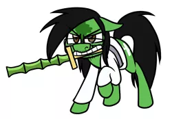 Size: 770x536 | Tagged: safe, artist:alittleofsomething, derpibooru import, oc, oc:cactus needles, unofficial characters only, earth pony, pony, angry, bamboo, beard, facial hair, glasses, mole, moustache, simple background, solo, sword, weapon, white background, woofoo, yin yang yo