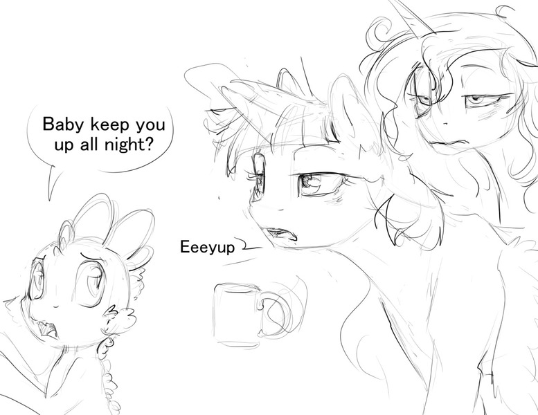 Size: 1280x989 | Tagged: safe, artist:silfoe, derpibooru import, princess luna, spike, twilight sparkle, twilight sparkle (alicorn), alicorn, dragon, pony, other royal book, black and white, coffee, coffee mug, dialogue, female, grayscale, lesbian, male, mare, messy mane, monochrome, morning ponies, shipping, simple background, speech bubble, tired, twiluna, white background