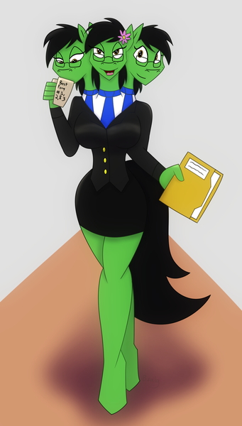 Size: 1517x2667 | Tagged: safe, artist:b-cacto, artist:vladiverse, derpibooru import, oc, oc:prickly pears, unofficial characters only, anthro, earth pony, unguligrade anthro, anthro oc, bedroom eyes, big breasts, breasts, business suit, coffee mug, conjoined, conjoined triplets, curvy, documents, female, file, flower in hair, glasses, hips, hourglass figure, multiple heads, solo, three heads, triple header, wide hips